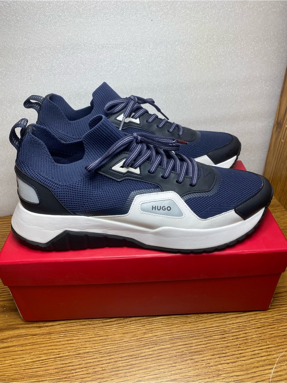 Hugo Boss Atom Sneakers Knit Trainer Athletic Shoes Navy Blue Mens Size 46 US 12